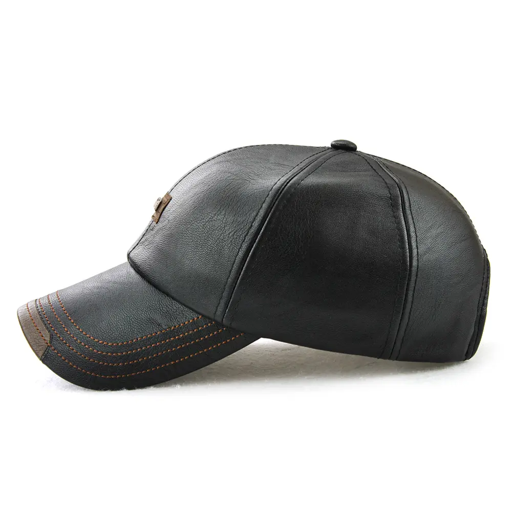 V&J Genuine Cowhide Leather Baseball Cap for Fall Winter Outdoor Sports Hat
