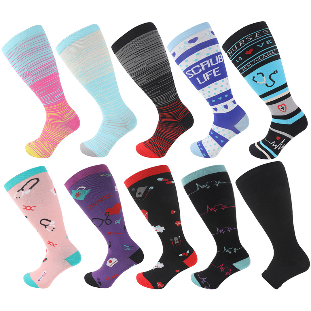 V&J Colorful Plus Size 20-30mmhg Medical Sport Knee High Nurse Compression Socks