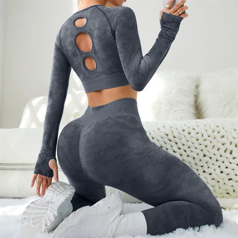 V&J Women Yoga Outfit Workout Set Ribbed Long Sleeve Crop top and Leggings