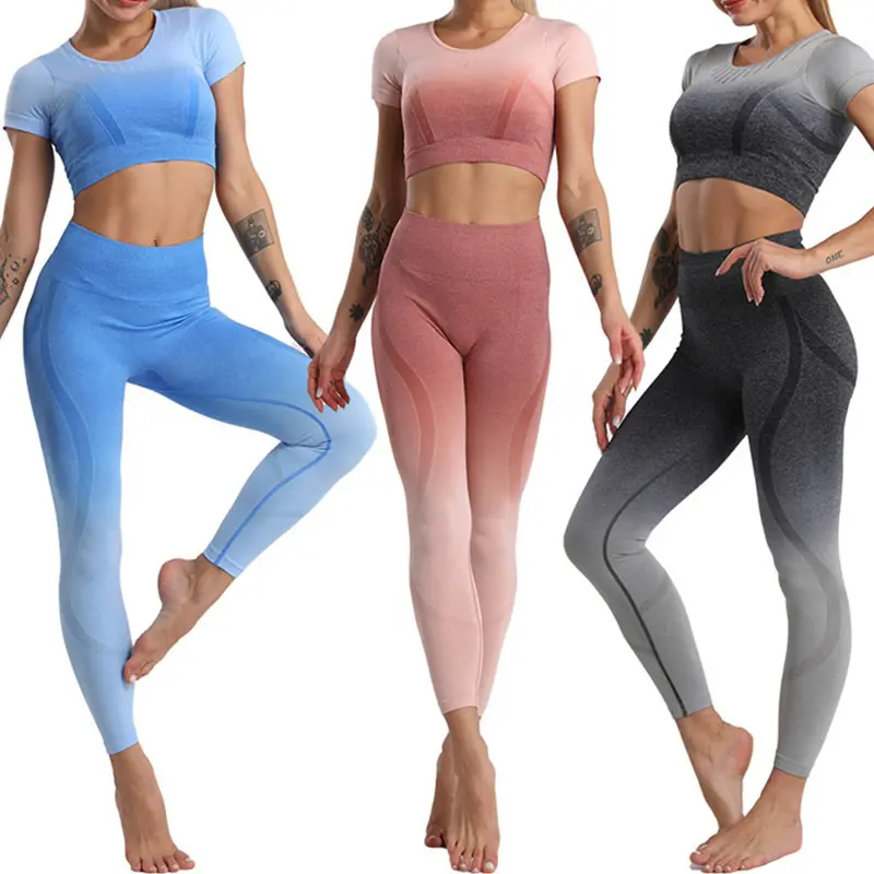 V&J Gradient Short Sleeve Women Workout Yoga Gym Fitness Sets