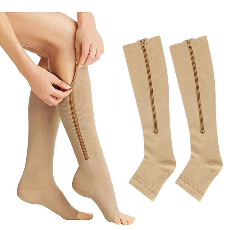 V&J Knee High Cotton Nylon Sport Medical Zipper Compression Socks