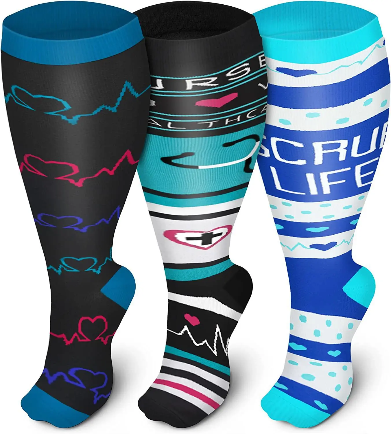 V&J Colorful Plus Size 20-30mmhg Medical Sport Knee High Nurse Compression Socks
