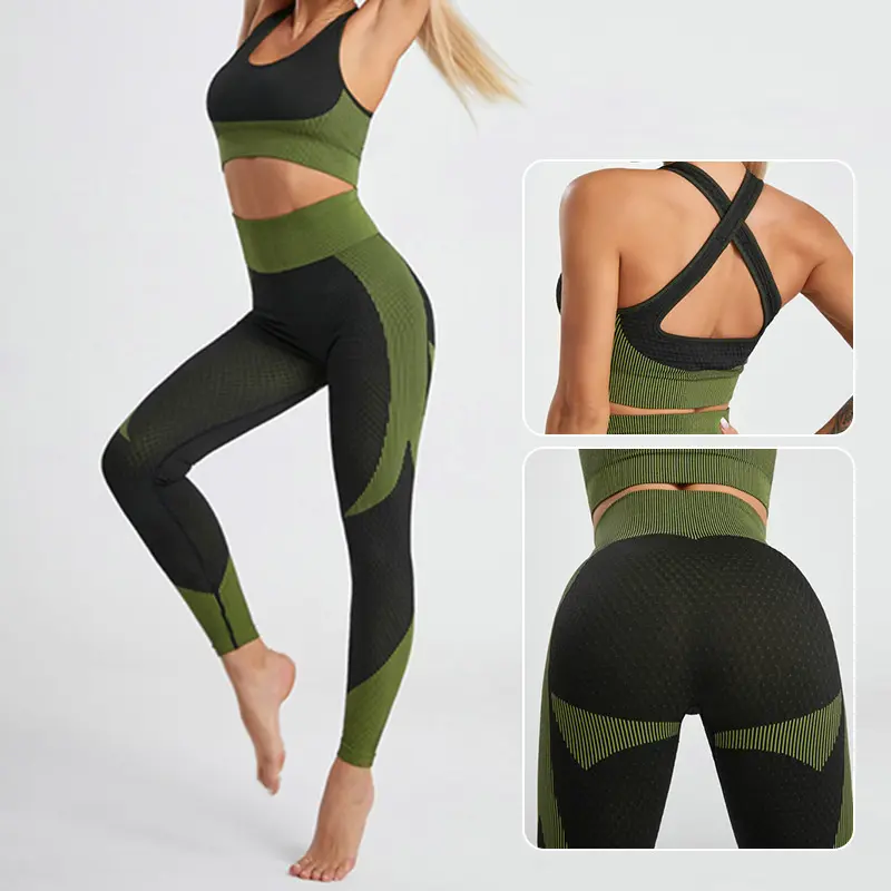 V&J  Yoga Outfits Workout Set High Waist Gym Leggings and Bra