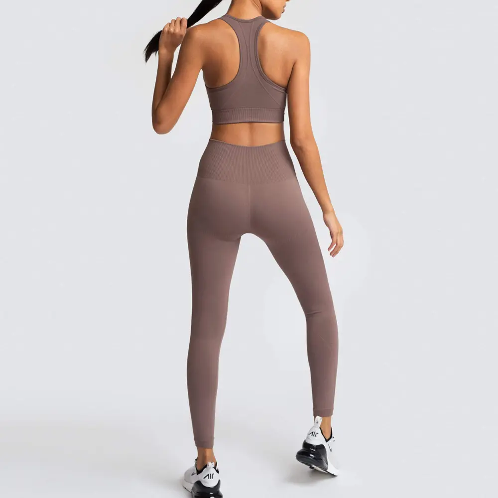 V&J Two Piece Outfits Seamless High Waist Leggings Yoga Crop Tops