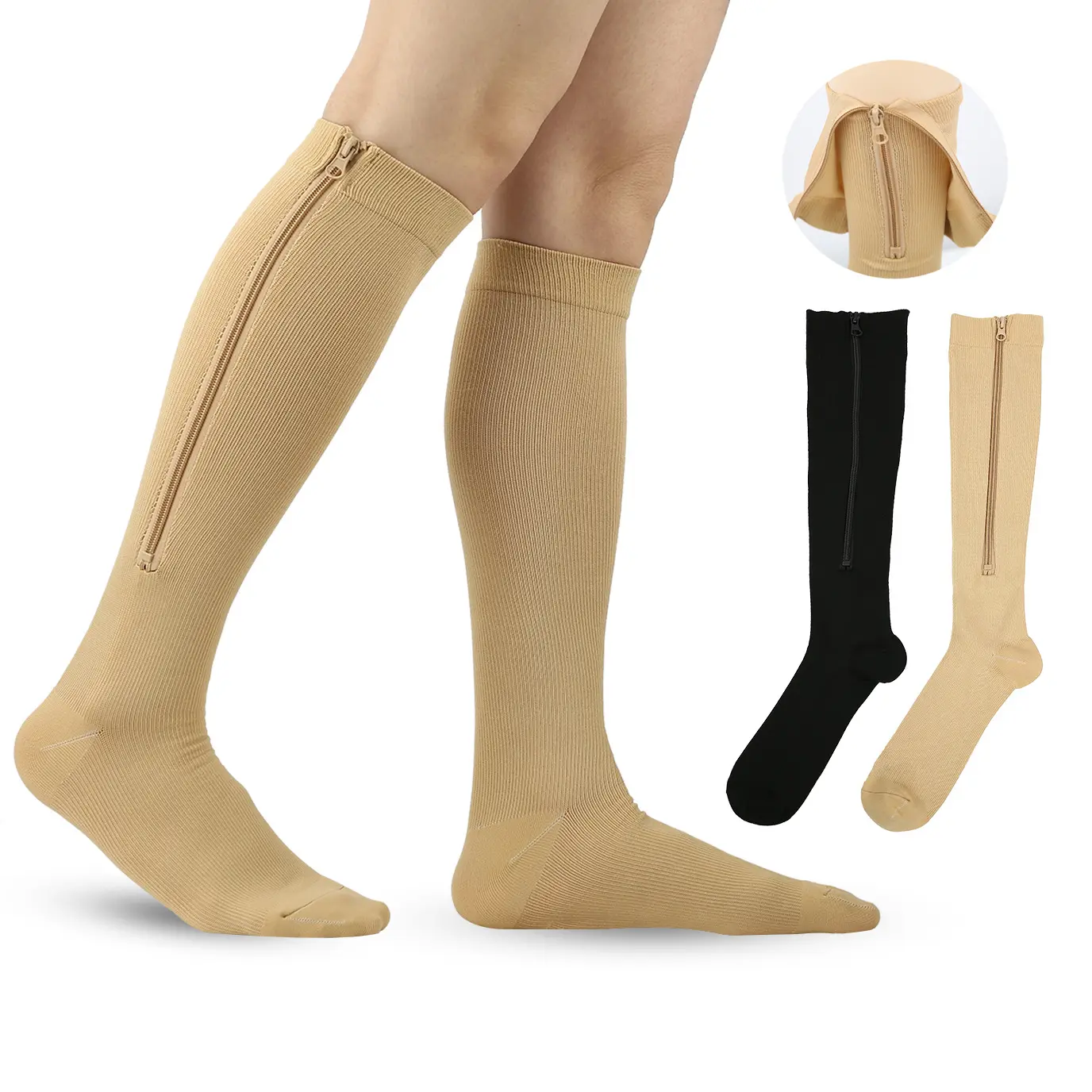 V&J Knee High Cotton Nylon Sport Medical Zipper Compression Socks