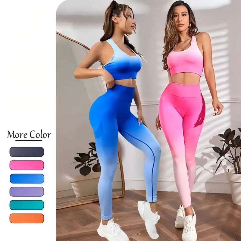 V&J Women 2 pcs short sleeve Gradient Gym Fitness Sports Workout Wear Yoga Set